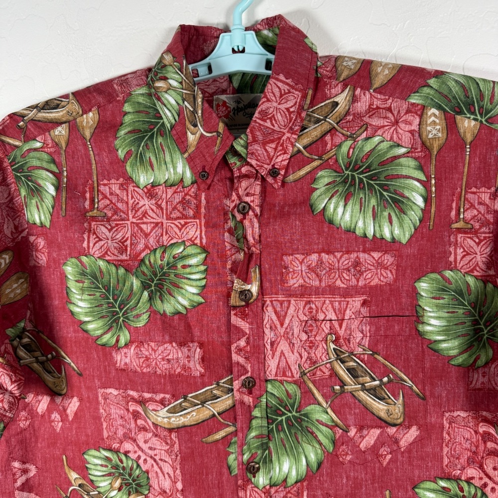 Hilo Hattie Shirt Mens Large Red Hawaiian Camp Floral Boat Tiki Aloha Cotton